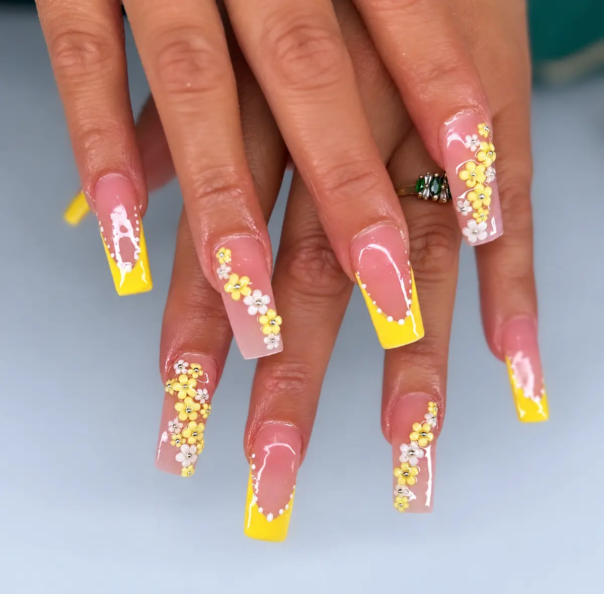 Yellow French square nails with yellow and white flowers